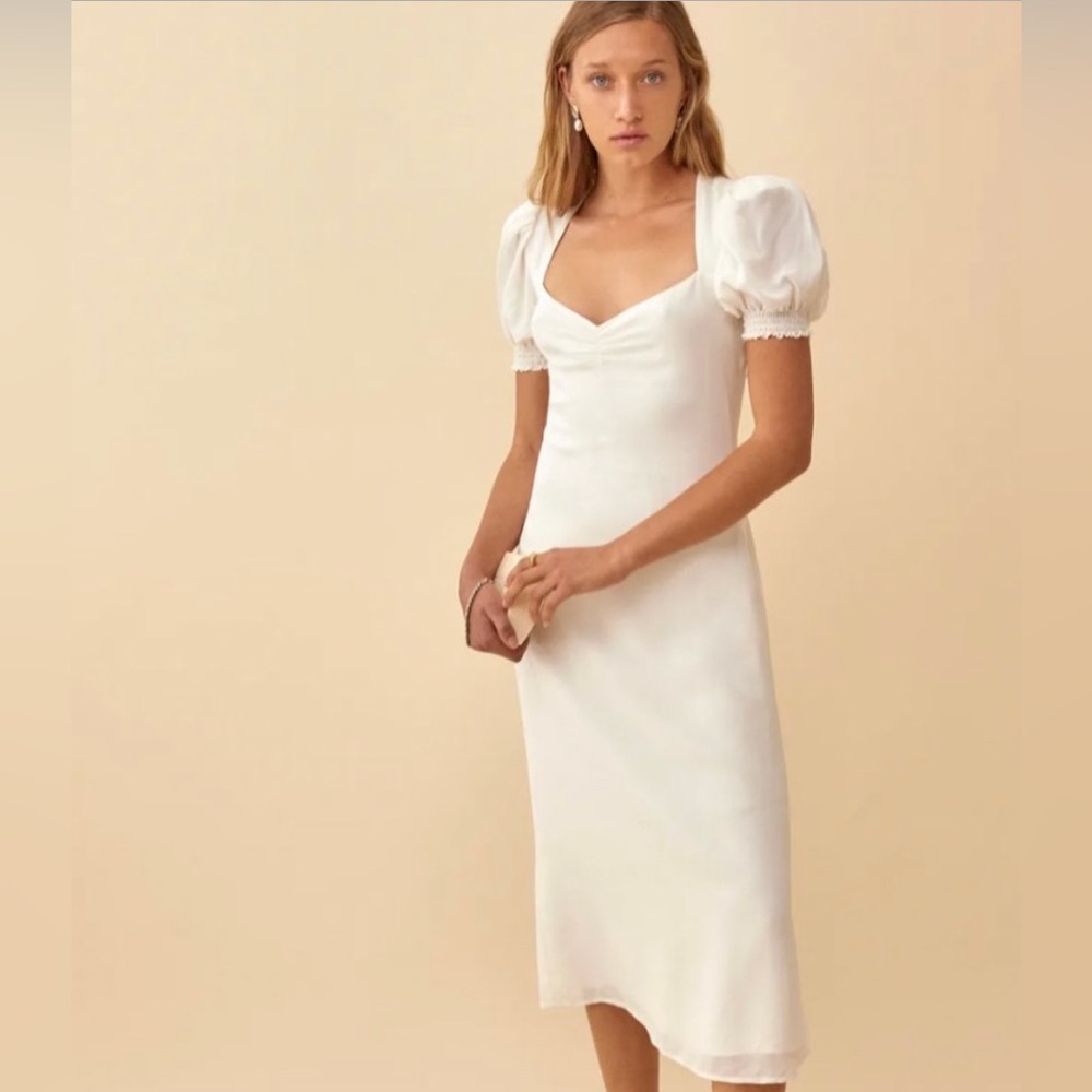 Reformation White Midi Puff-Sleeve  Dress